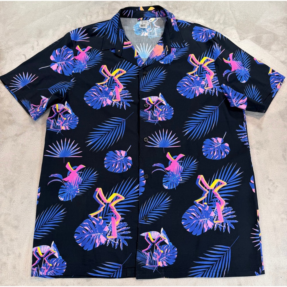 Dutch Bros Mens Short Sleeve Button Up Shirt Tropical Windmill Neon Medium‎